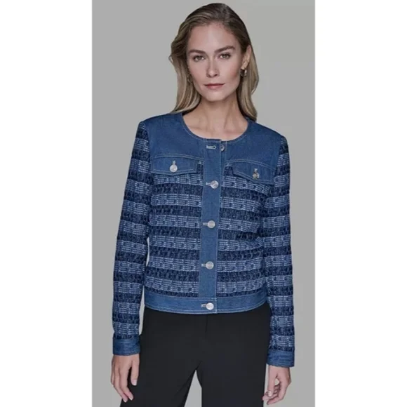 KARL LAGERFELD PARIS Denim Tweed Crewneck Jacket NWT XL - Picture 1 of 8